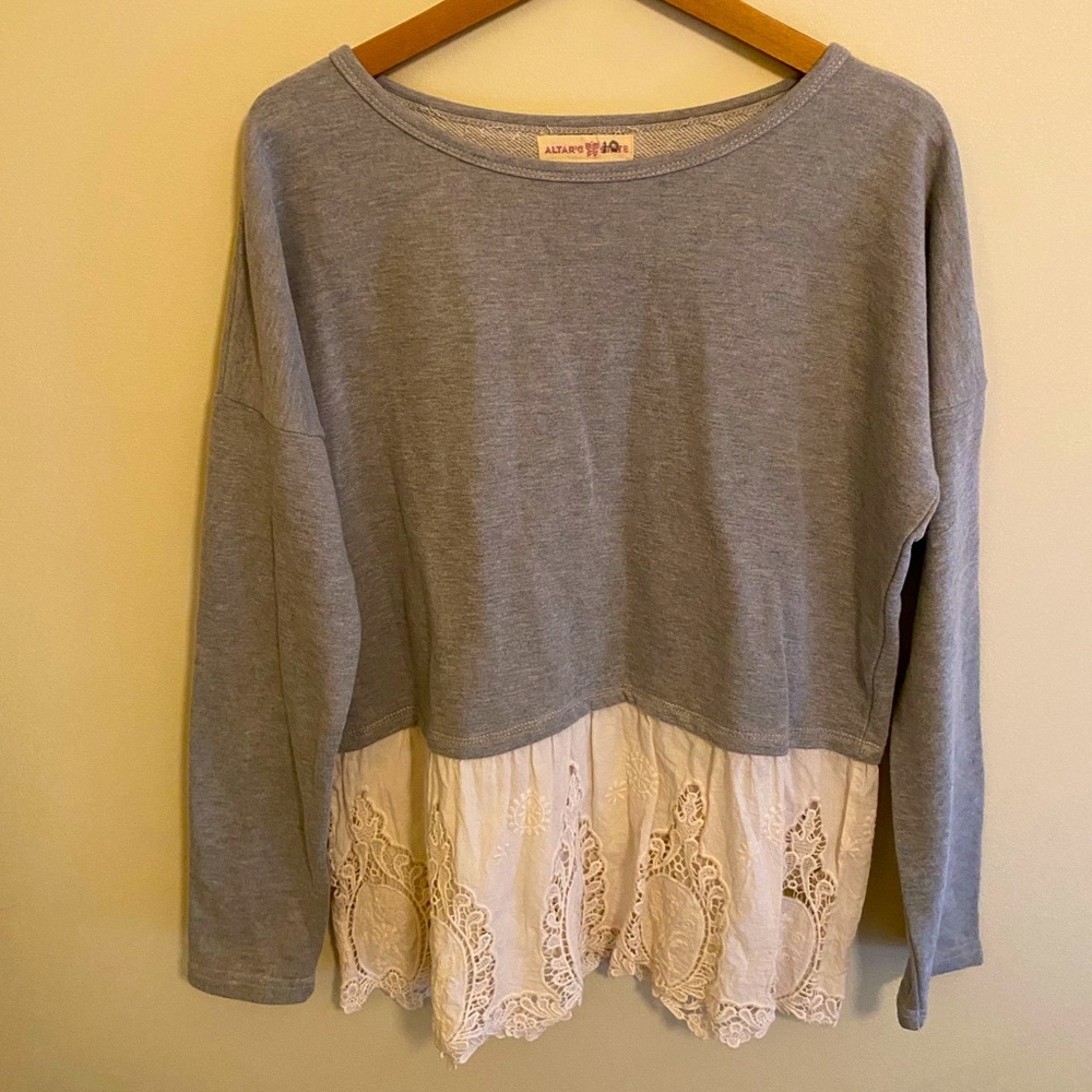 Altar'd State Tunic Shirt  Crochet Lace Canvas Gray Boho Bohemian Size Large